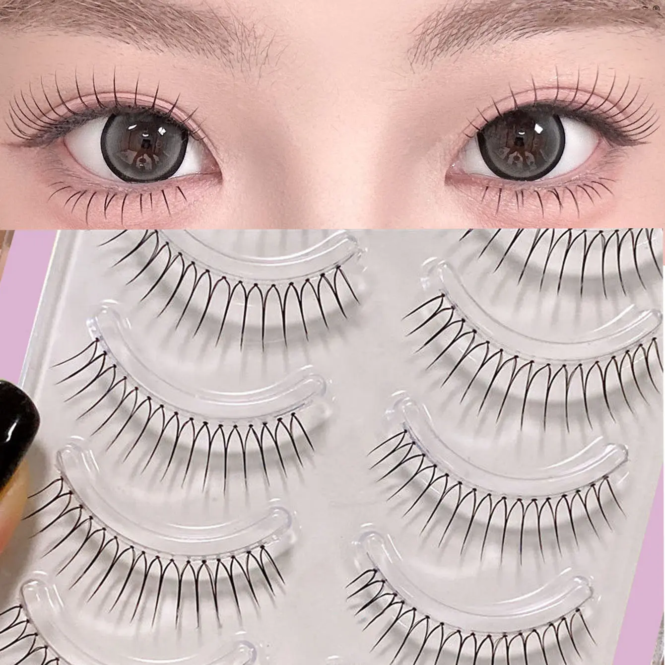 5 pairs of natural bare makeup false eyelashes, lightweight natural eyelashes, one-piece transparent stem with distinct roots for bridal makeup