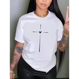Women's Cross & Heart Print Round Neck Tee,Graphic Tees Women, Fashion Casual Crew Neck Short Sleeve T-Shirt Cotton for Daily Wear, Everyday Vintage Graphic Tees, Ladies Clothes for All Seasons Top Womenswear