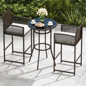 COSTWAY - 3 Piece Patio Bar Set Outdoor Wicker Bar Height Round Table and Armchairs-White