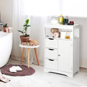 Zeny Stand-Alone Tall Cupboard - Freestanding Modern Waterproof MDF Floor Cabinet, 3-Drawer Set, Window Pane Design, Cutout Handles, Adjustable Shelves, Drawer-Equipped & Multi-Compartment for Bathroom Storage, Drawer-Equipped Tall Cupboards, Multi-Compar