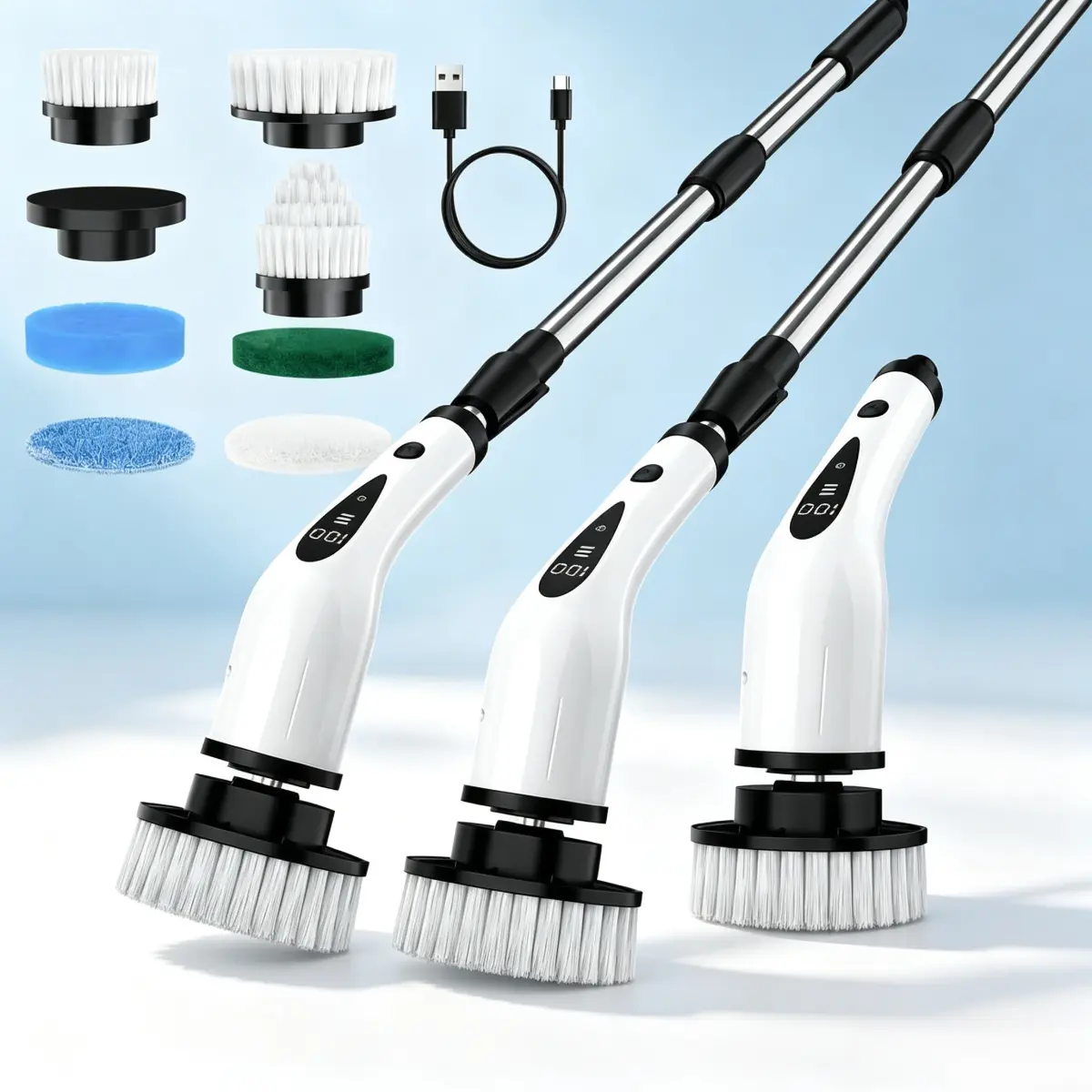 Cordless Electric Spin Scrubber with 3-Speed Spin Scrubbing, 8 Brush Heads & Base, IPX7 Water Resistant, Adjustable Handle, Long Reach, Digital Display, 2500mAh Fast Charger, for Bathroom, Tub, Tile