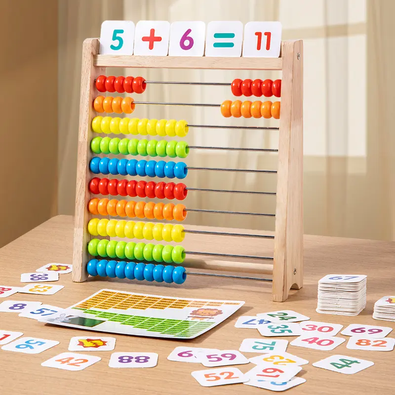 Wooden Calculation Frame Set with Cards, Beads, Addition/subtraction/multiplication/division Charts, Ideal for Elementary Math Education, Math Learning Tools