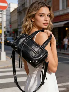 Unique Faux Leather Lightweight Crossbody Bag, Woven Handle and Fringe Details, Soft Cracked Texture, Silver Color Hardware, Perfect for Street Style
