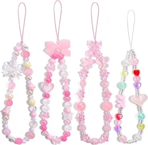 4 PCS Cute Detachable Phone Charms Aesthetic Y2K Cellphone Wrist Strap Pink Bedazzling Flower Accessories Colorful Beaded Anti-Theft Chain String for Bag Keychain Airpods Camera Decor