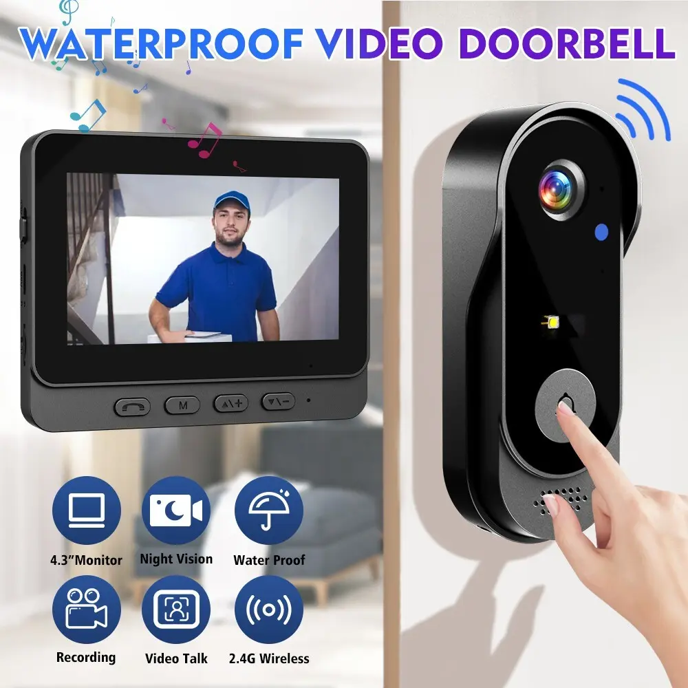 Wireless Smart Video Doorbell with 4.3 Inch Color Screen, Night Vision, Waterproof Design, Long Battery Life, Supports Video Call, Two-Way Audio & Intercom, Home Security System