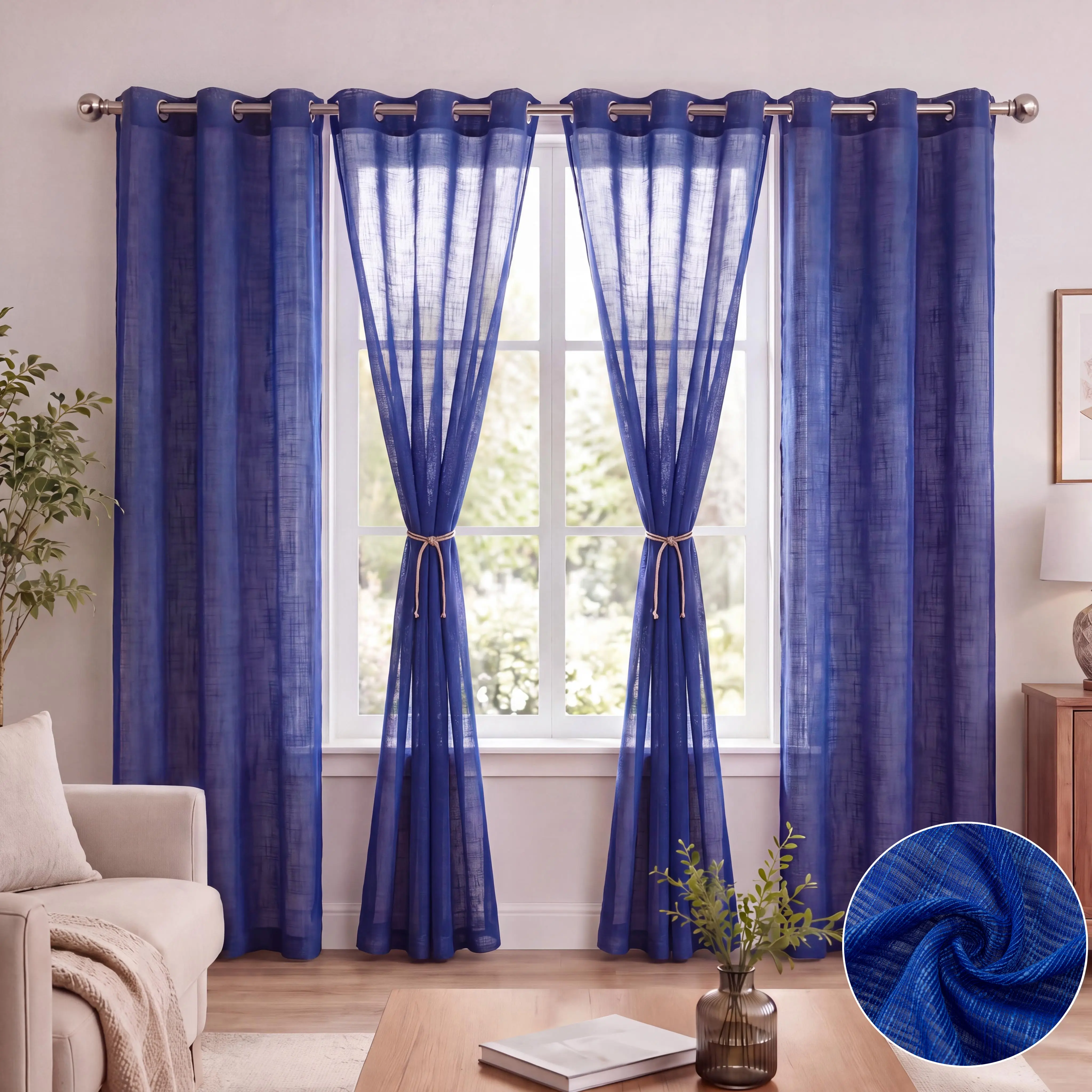 4-Panel Bamboo Yarn Semi-Sheer Grommet Home Decorative Curtains, Lightweight Ready Made Window Hanging Drapes for Bedroom, Living Room - Allows Natural Light, Summer Home Gift #SummerVibes Apartment, Home Decorative Curtain