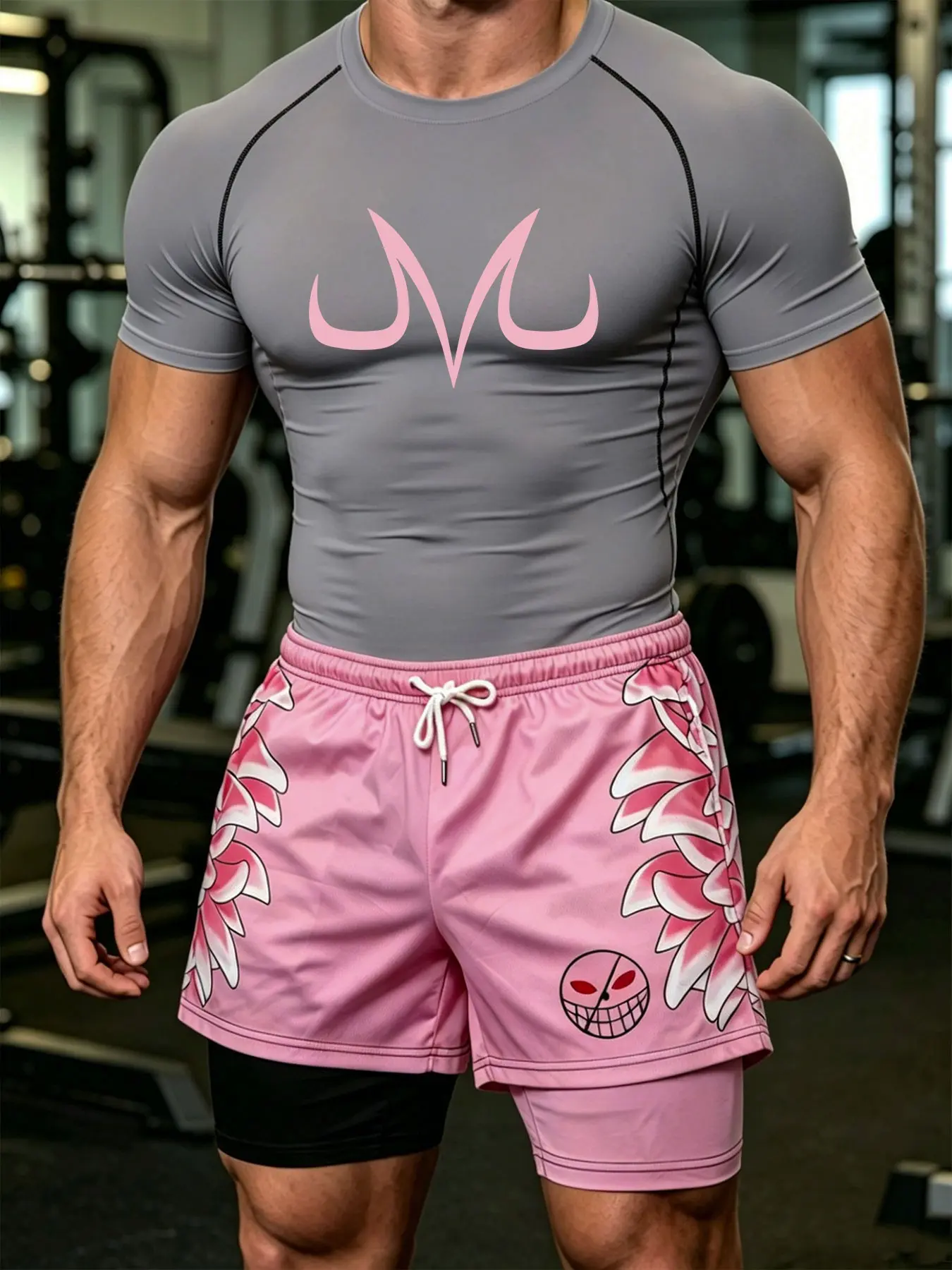 Men's Summer Sports Fitness Set, M Letter Print Compression Short Sleeve Top + 3D Print Shorts, Quick Dry, Outdoor Gym Football Basketball
