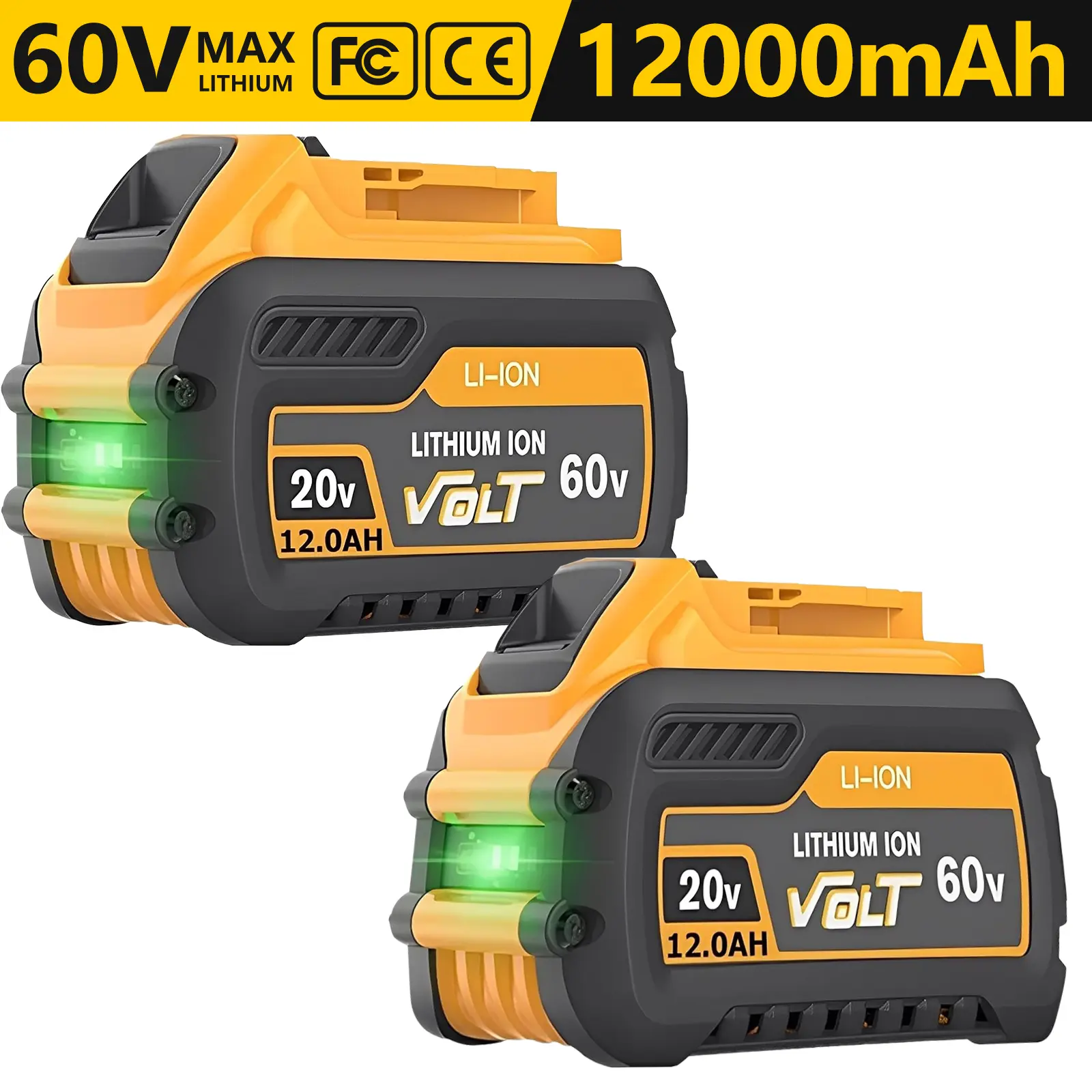 2-Pack Upgraded 20V/60V MAX 12.0Ah Extended Capacity Lithium Ion Batteries Replacement for Dewalt Power Tools, 3-Level LED, Dust-Resistant, Certified by FCC CE ROHS, Durable Construction, Compatible with DCB606 DCB609 DCB612