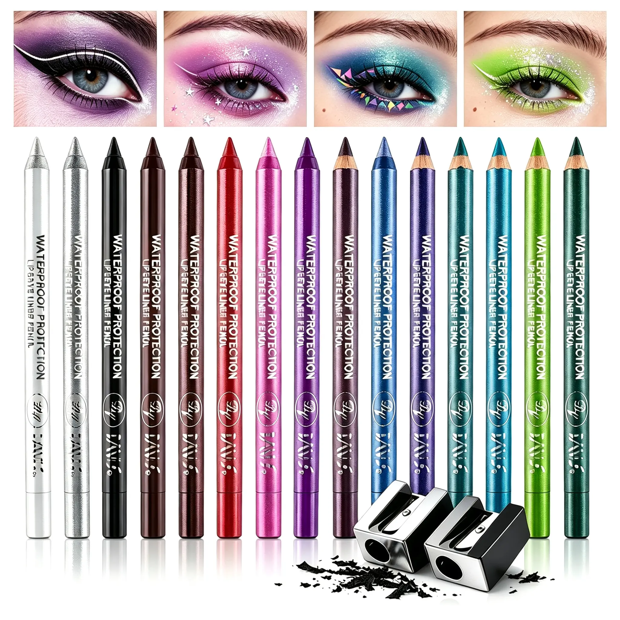 【SummerWins】15-Color Mega Ultimate Cream Makeup Set, 4-in-1 Smudge-Proof Eyeliner-Lip Liner-Highlighter with Color Eyeliner Shades, Pearl, Matte & Metallic Finishes, Smooth Easy Blend