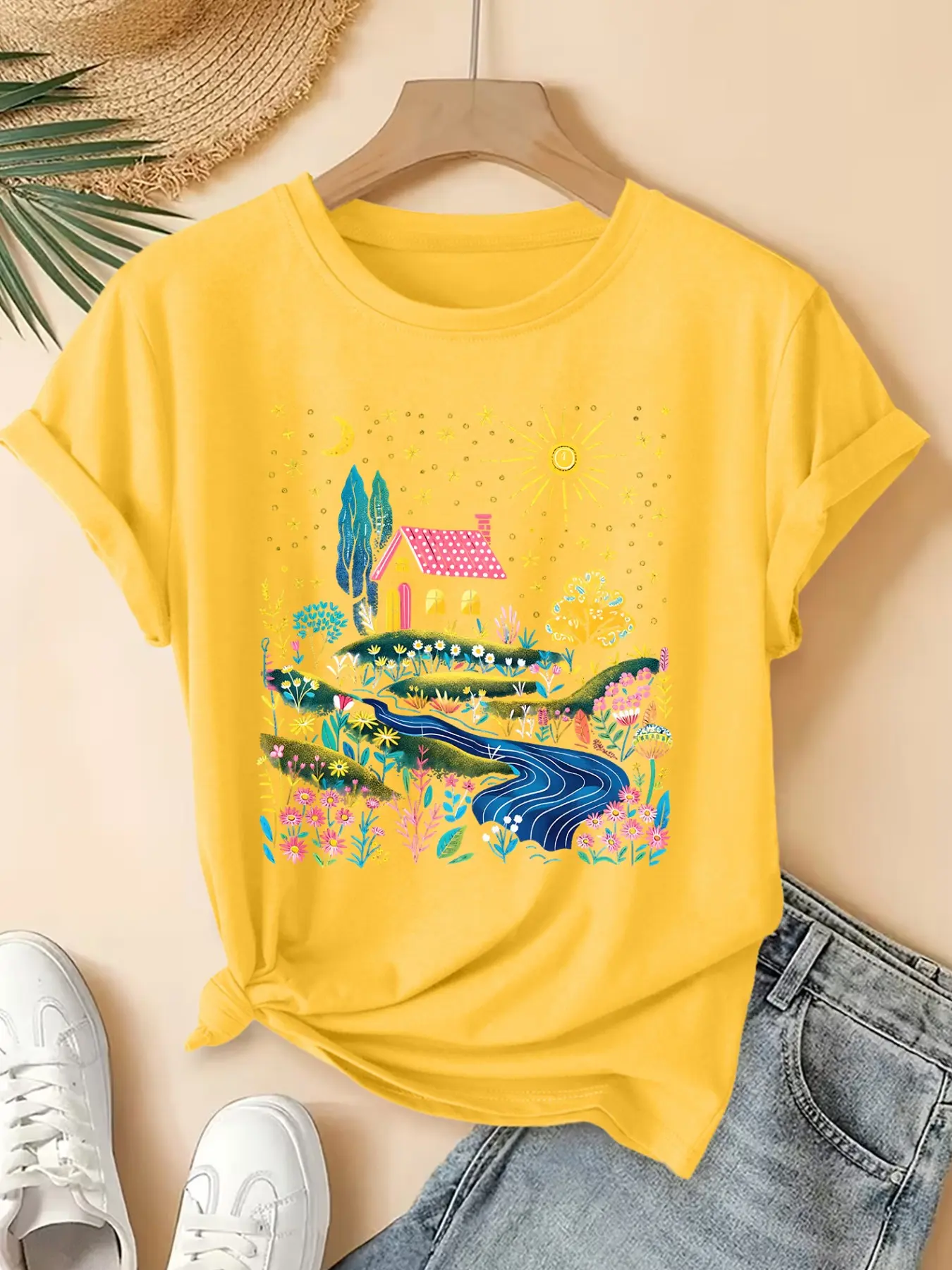 Whimsical Village Landscape Tee Spring Multicolor Playful Cottagecore Tshirt for Women