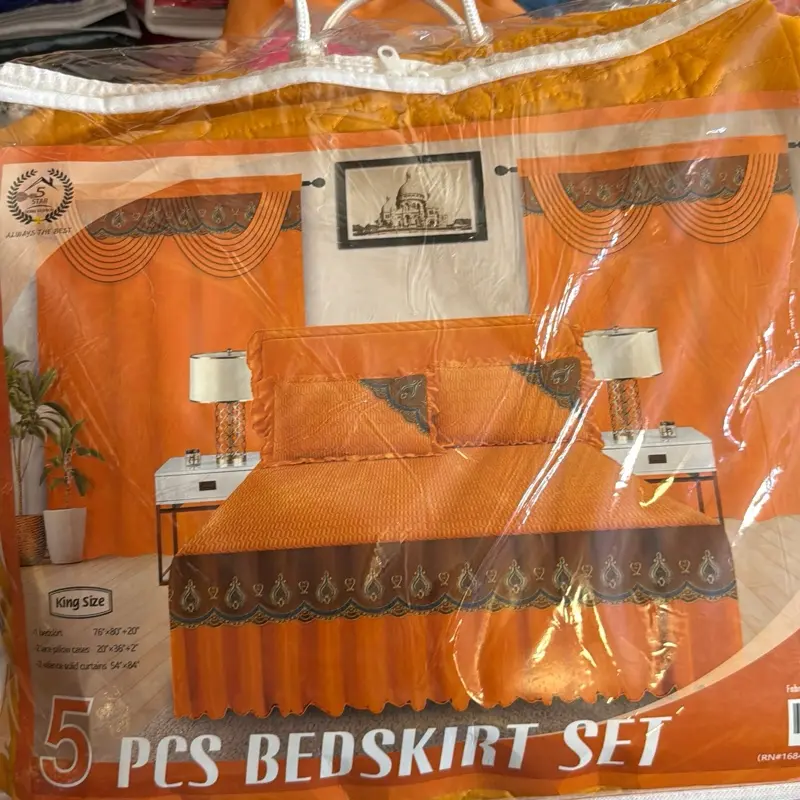 5 pcs King Size Beds Skirt Set with 2 Pillowcases 2 Valance Curtains 60x80x202 Inches
