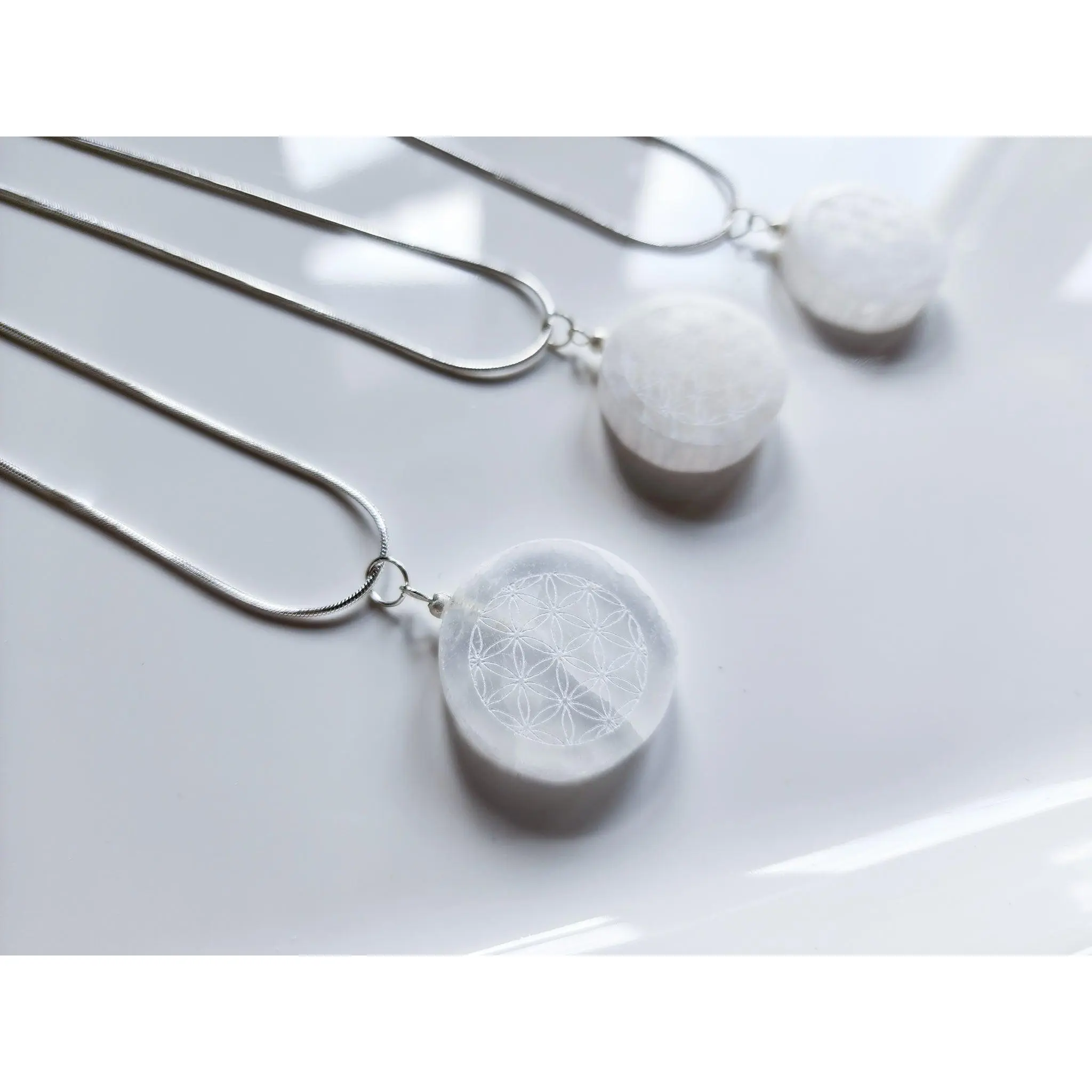 Selenite Engraved Flower of Life Necklace