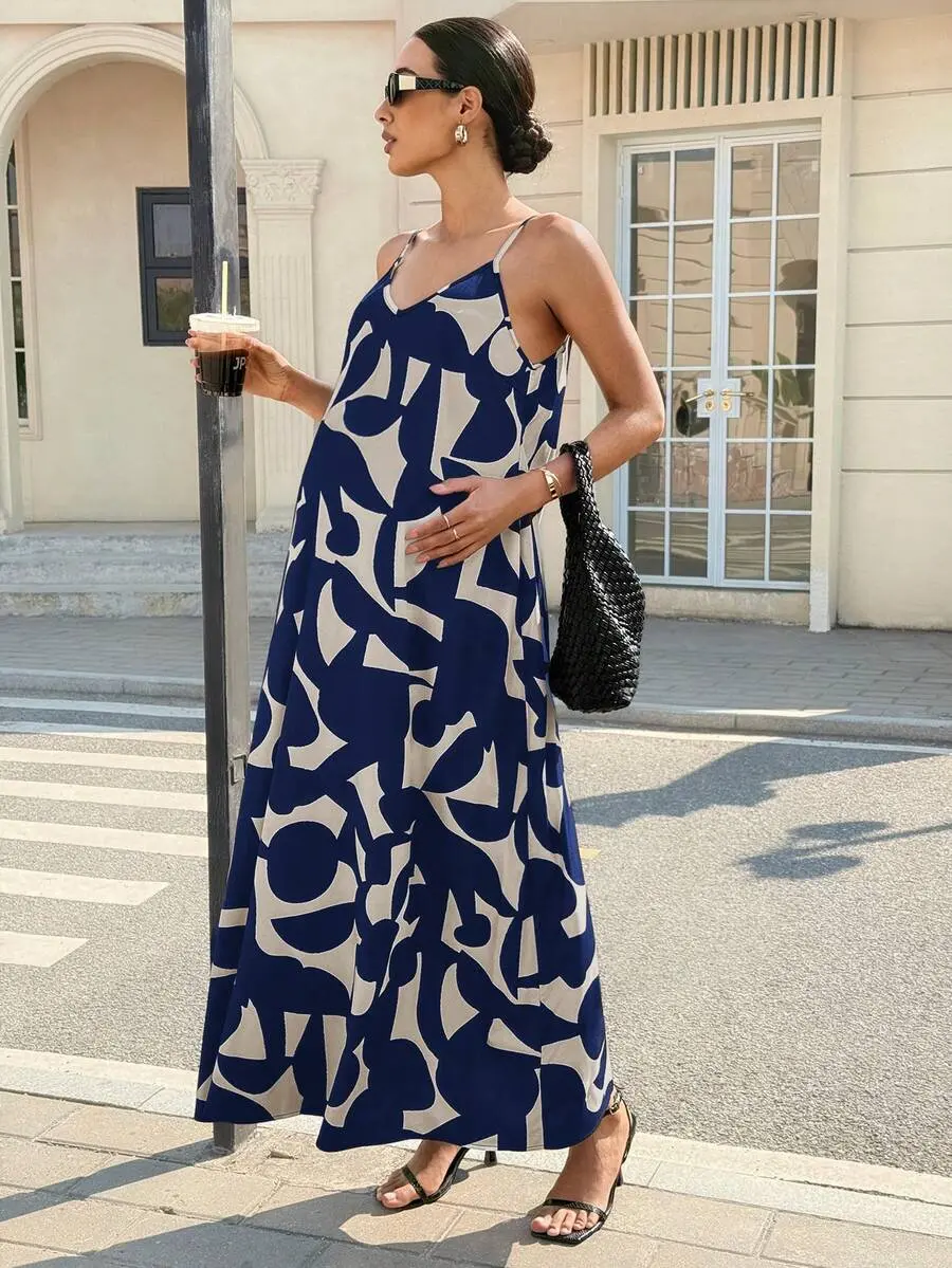 ROSY x MaterniWear Elegant Black And White Summer Holiday Maternity Dress,Geometric Print V-Neck Sleeveless Casual Party Outing Wear For Pregnant Women