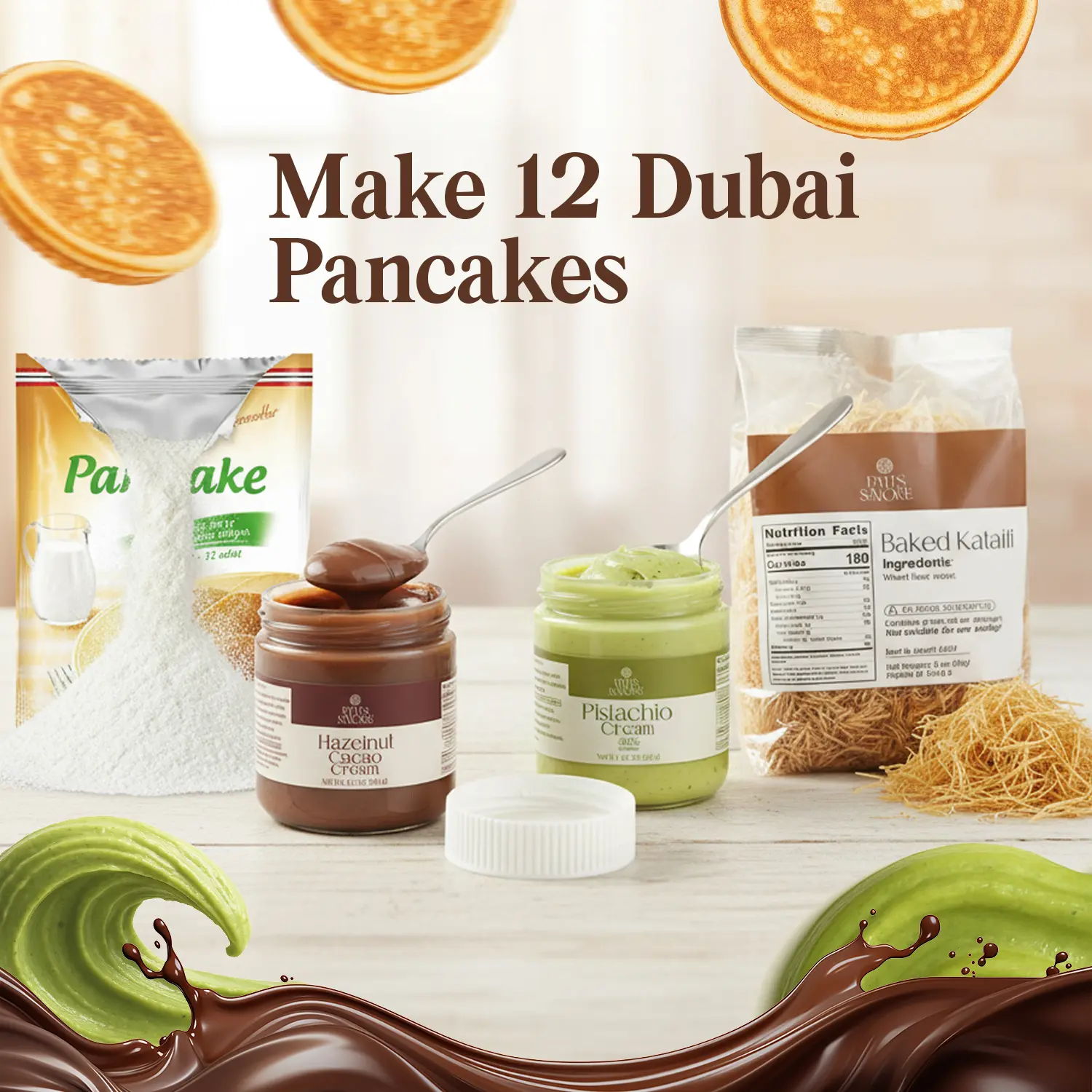 Dubai Pancake DIY Set – All-in-One Chocolate Pancake Kit | Viral Dessert Creation Set with Creams & Toppings | Complete Dubai-Inspired Baking Experience Snack Crunchy