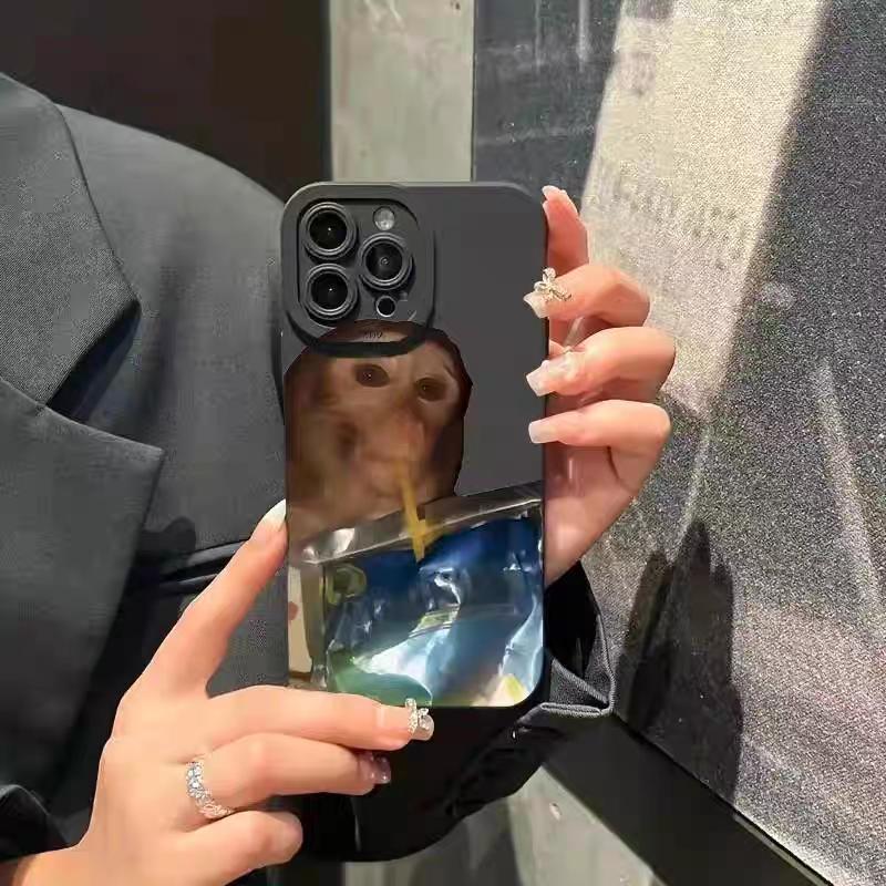 Cute Monkey Pattern Phone Case TPU Soft Silicone Material Full-Coverage Protection & Shock Absorption Fun Monkey Drinking Capri Sun Juice Phone Case Compatible with iPhone 16/15/14/13/12/11 Pro Max Pro Plus Fun Monkey Phone Case