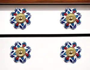 360 Stand Red, White & Blue Artisan-Made Hand-Painted Floral Ceramic Drawer Pull Knobs - Set of 6, Includes Screws