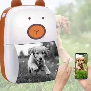 Portable Mini Inkless Photo Printer with Wireless, Cute Bear Design Thermal Sticker Printer for Phone, Instant Monochrome Label Printer for Study Notes, Christmas & Birthday Gift, Rechargeable Battery
