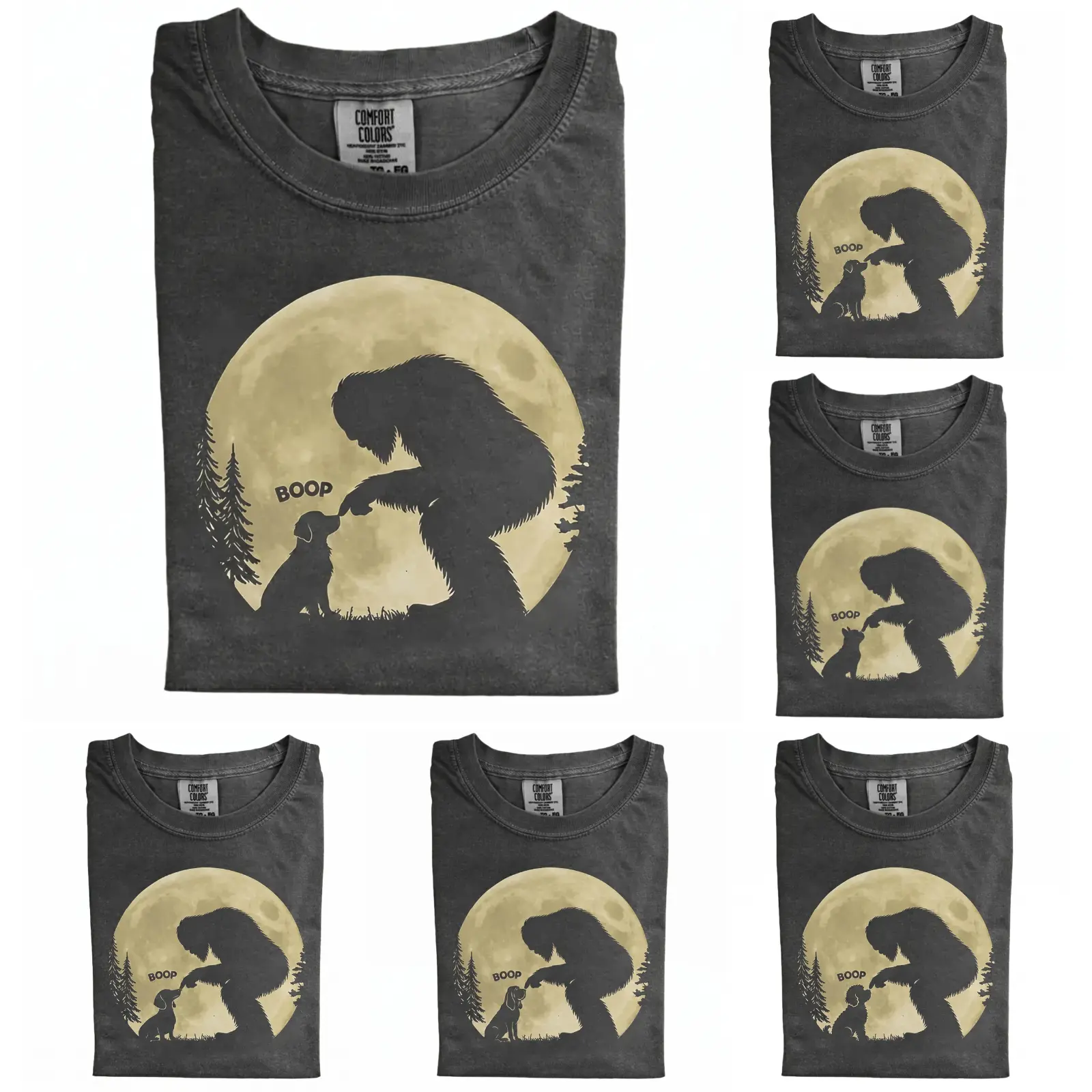 Funny Bigfoot Boop Dog Comfort Colors T-Shirt, Vintage Full Moon Sasquatch Dog Graphic Tee, Retro Nature Silhouette Design, Unisex Fit Design, Gift for Dog Lovers