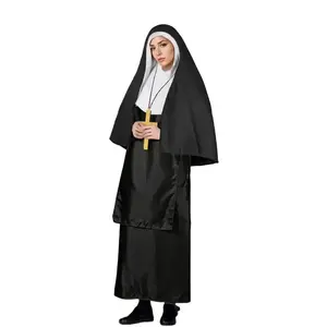 High-quality nun costume set for women, Halloween-themed party cosplay, contrast cross headscarf, essential New Year festival wear