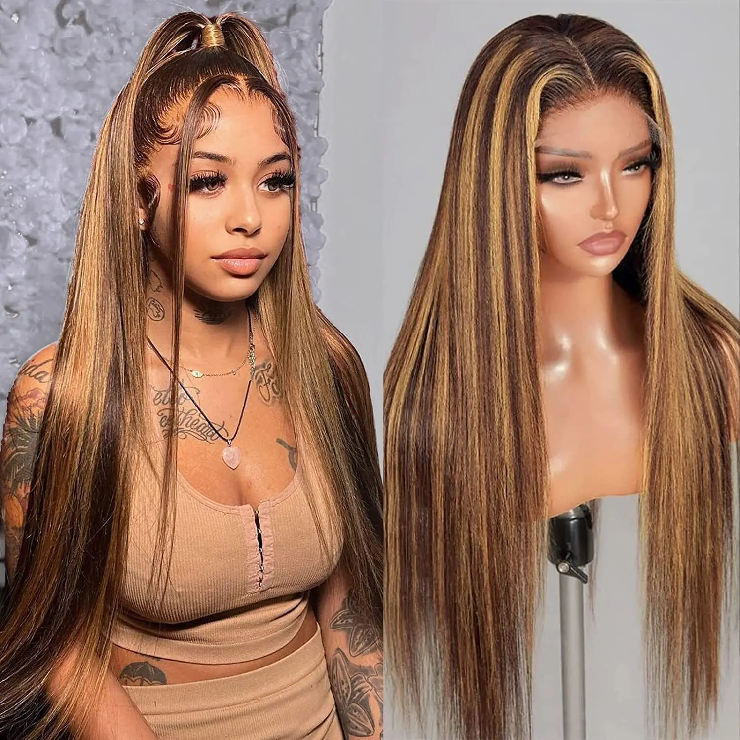 Idoli Human Hair Lace Front Wig, Glueless Balayage Wig, 4/27 Honey Blonde Highlight Ombre, 13x4 HD Transparent Lace Frontal, Pre-Plucked Straight, 180% Density, Virgin Hair, Women's Fashion, Female