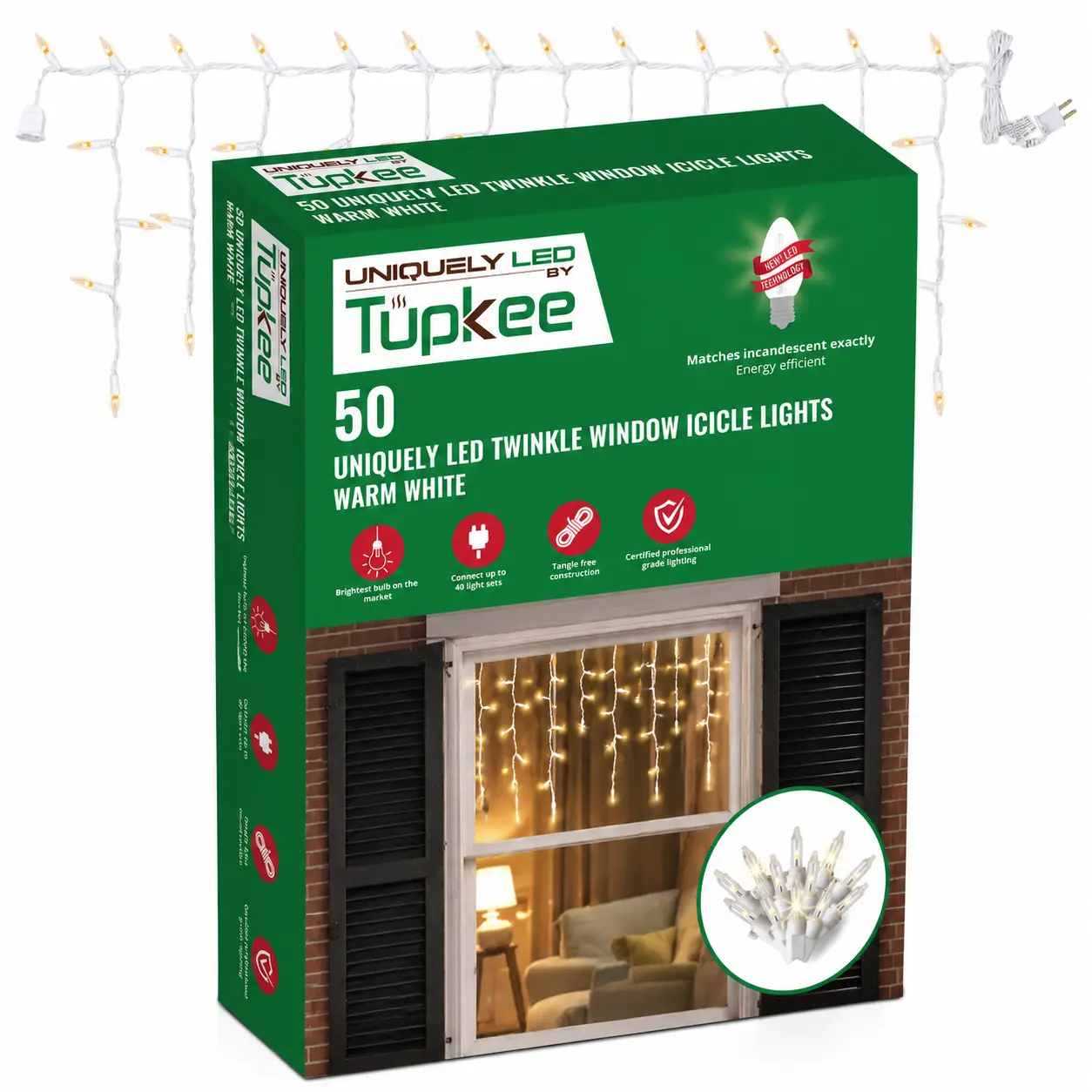 Tupkee Warm White LED Christmas Icicle Lights, 3 ft Window Lights, 50 Bulbs, 10 Random Twinkling Bulbs, Indoor & Outdoor