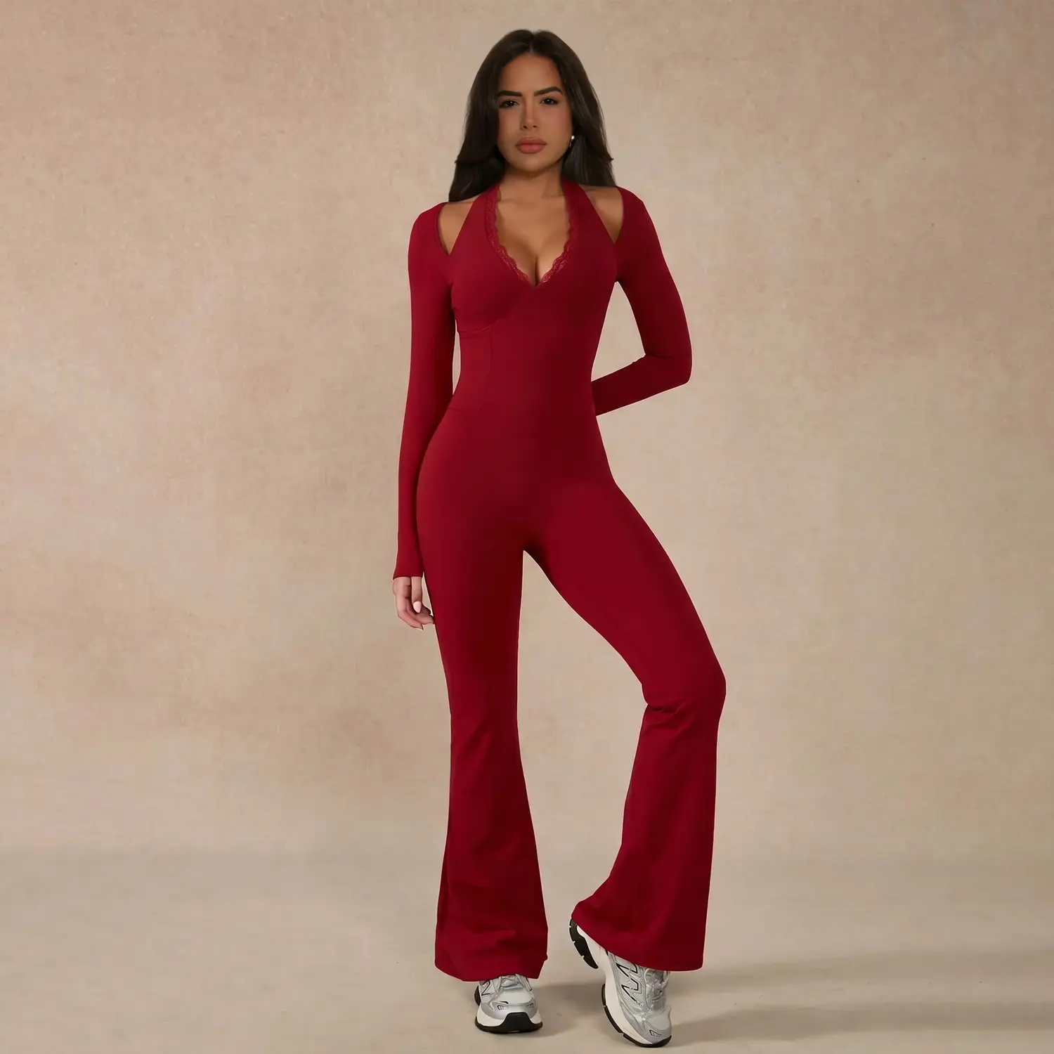USBoutiqueCHIC Women’s Lace Trim Halter Long Sleeve Flared Jumpsuit | Bodycon Curvy Night Out One Piece Romper