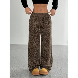 Women's Leopard Print Wide Leg Pants, Elastic Drawstring Waist, Side Pocket Design, Casual Loose Fit Woven Fabric for All Seasons
