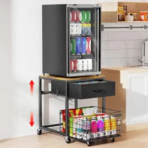 Housolution Height-Adjustable Mobile Mini Fridge Stand - Heavy-Duty (500 lbs/above 25 kg) Steel Rack with Drawer, Wooden Basket Organiser, Rolling Cabinet for Kitchen, Home Office