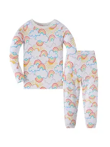 Children Rainbow Cloud Pajama Set, Unisex Long Sleeve Cartoon Sleepwear, Fun Rainbow Design, Comfortable Home for Kids, Cartoon Print Pajama