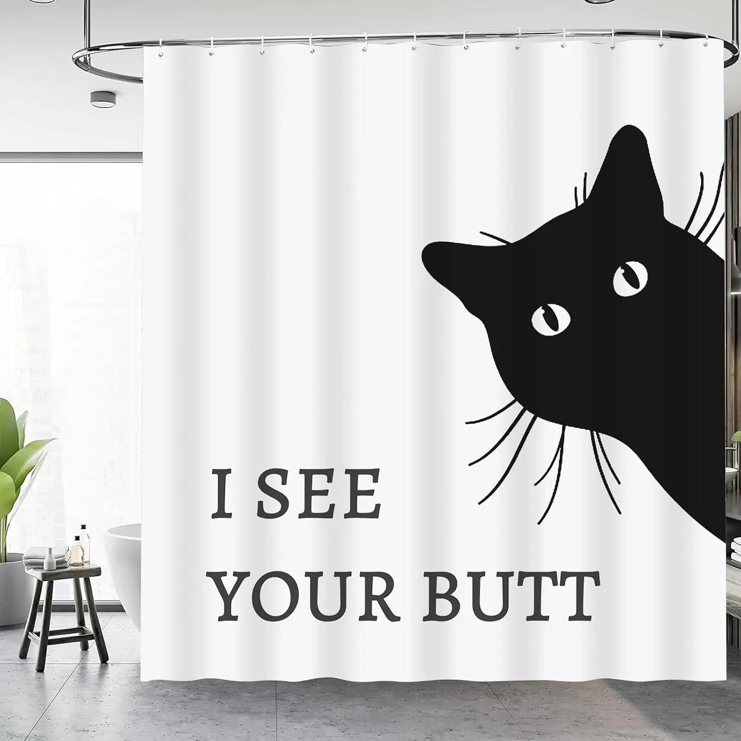 Funny Cat Shower Curtain - Waterproof Fabric Shower Curtain Set for Bathroom Decor - Farm Shower Curtain with Hooks - I See Your Butt