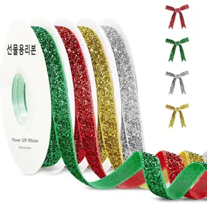 4 Colors Metallic Glitter Ribbon for Gift Wrapping, 3/8" x 40 Yard Red Green Golden  Sparkle Ribbons Set, Single   Ribbon with Glitter for Holiday Wedding Party Decoration, DIY Crafts
