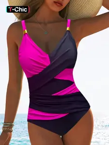 Women's Colorblock Cross Over V Neck One-piece Swimsuit, Casual Sleeveless Swimwear for Beach Holiday Vacation, Ladies Swimsuit for All Seasons