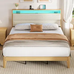 Cream King Size Bed Frame with Storage Headboard, LED Boucle Bed Frame with Charging Station, Upholstered Platform Bed, No Box Spring Needed, Easy Assembly, Wooden Slats