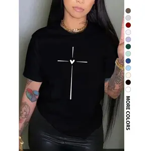 Women's Cross & Heart Print Round Neck Tee, Fashion Casual Crew Neck Short Sleeve T-Shirt for Daily Wear, Ladies Clothes for All Seasons