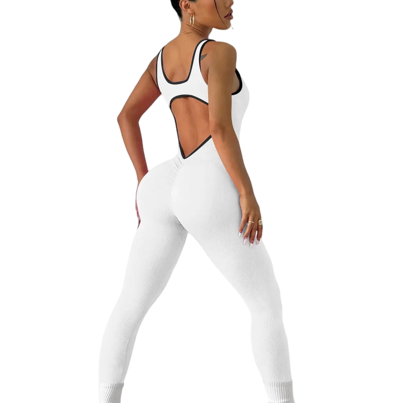 Women's Solid Color Backless Flare Jumpsuit - Tummy Control Tight-Fitting Gym Pants, Butt Lift Yoga Romper for Pilates, Minimalist Women's Clothing Outfits