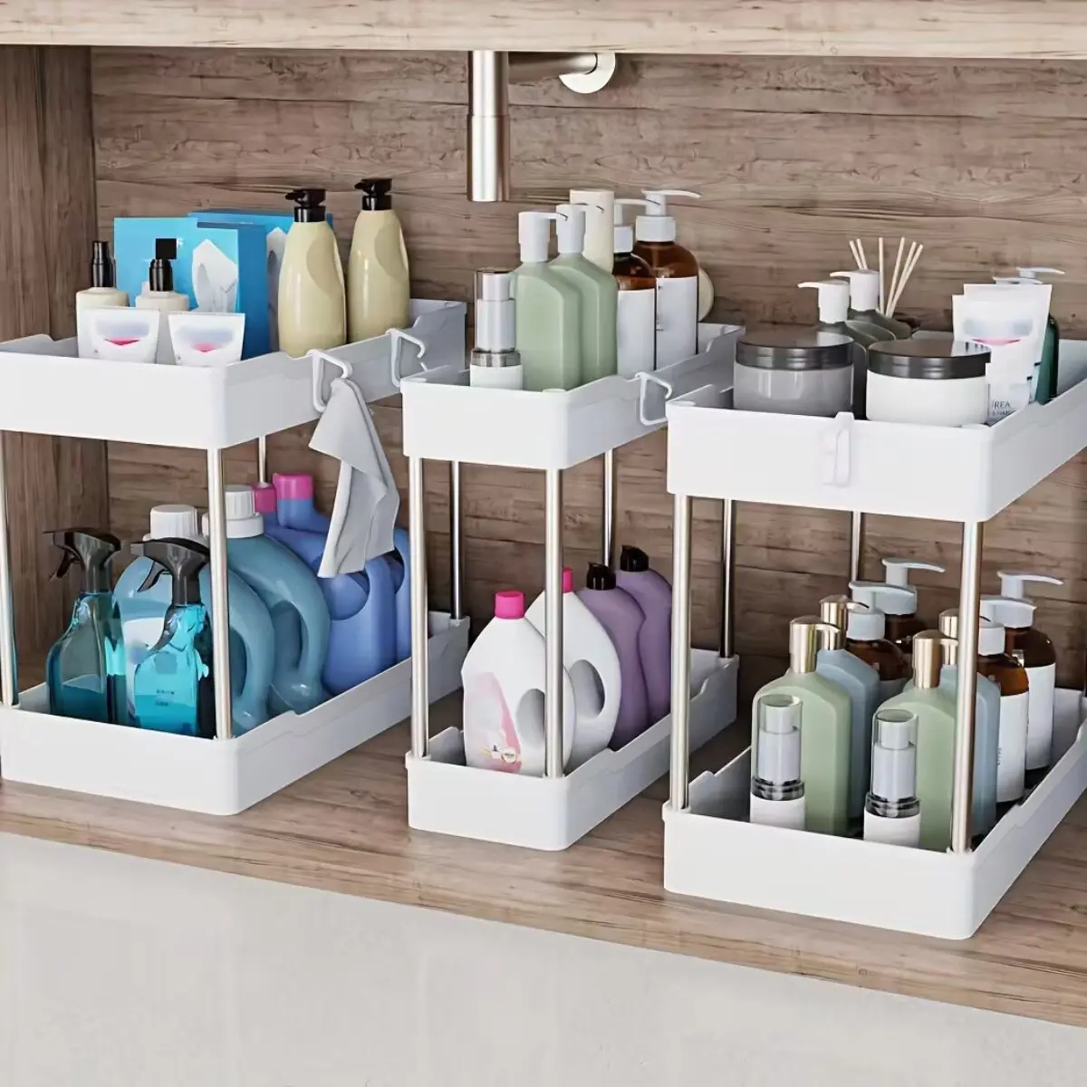 3 Pack 2-Tier Under Sink Organizer Set - Bathroom Organization Storage Racks, Cabinet Shelf Containers for Kitchen Cleaning Supplies, Small/Medium/Large Sizes for Pantry
