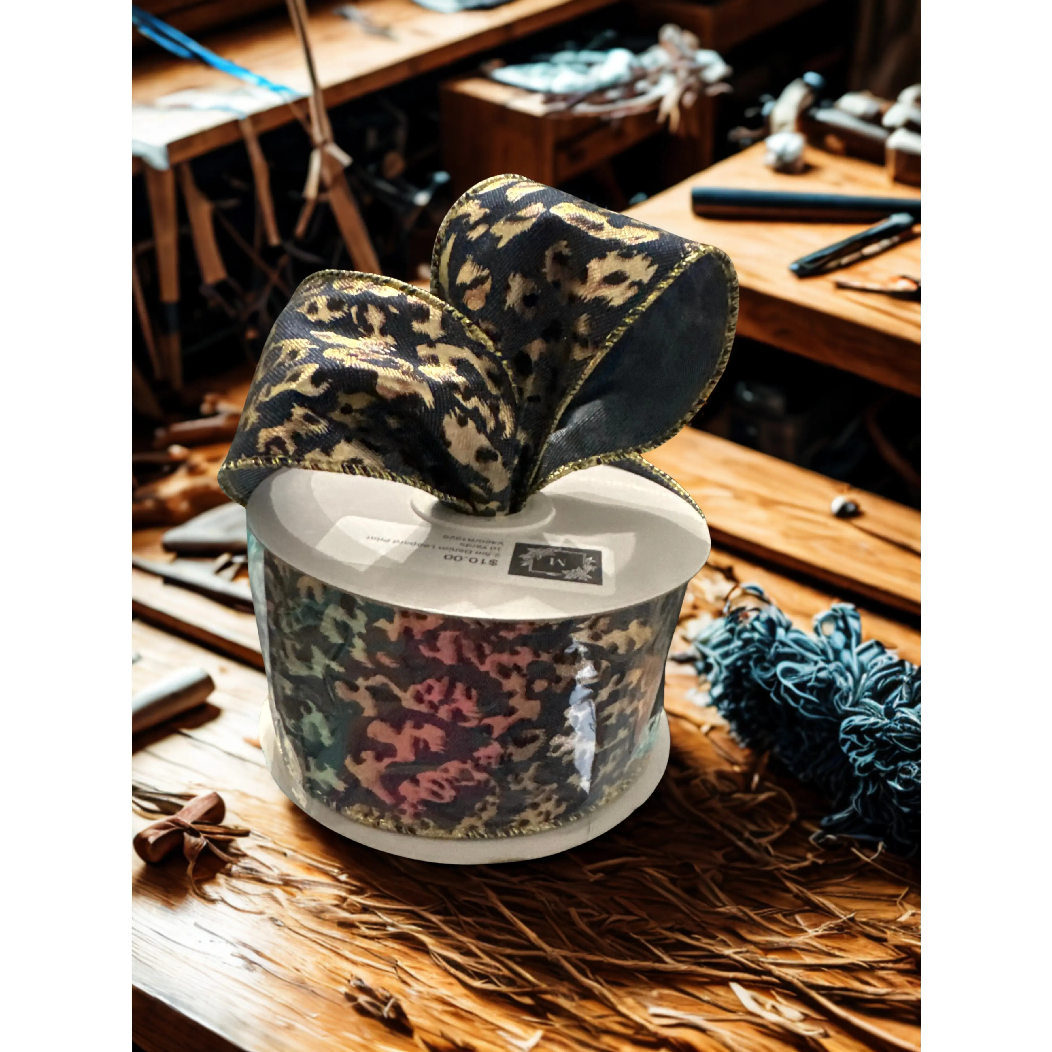 2.5" Denim Wire Edge Ribbon with Gold Leopard Pattern 2.5" X 10 Yards