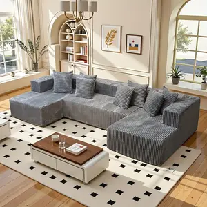 132-inch U-shaped 4-seater Recliner Modular Sectional Sofa Frame-free Modern-style Living Room Fold-out Sofa Bed Space-efficient Convertible Corduroy Sectional Sofa Contemporary Spacesaving Furniture Boneless combination sofa