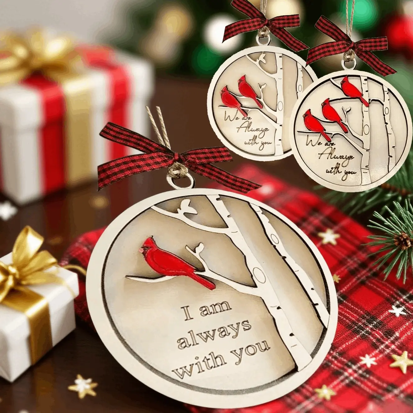 Wooden Christmas Cardinals Pendant - Memorial Sympathy Gift Decor for Loss of a Loved One - Red Bird Christmas Tree Ornament - Always With You Christmas Decor for Cherished Memories - Christmas Ornaments