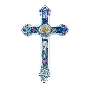 Baroque Wall Small Crucifix w/ Pressed Flowers & St. Benedict Medal 7.5"