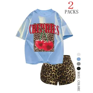 Women's Cherries Print Short Sleeve T-shirt & Leopard Print Shorts Two-piece Set, Casual Round Neck Tee & Skinny Shorts, Ladies Clothes for Daily Wear, SuitsGift
