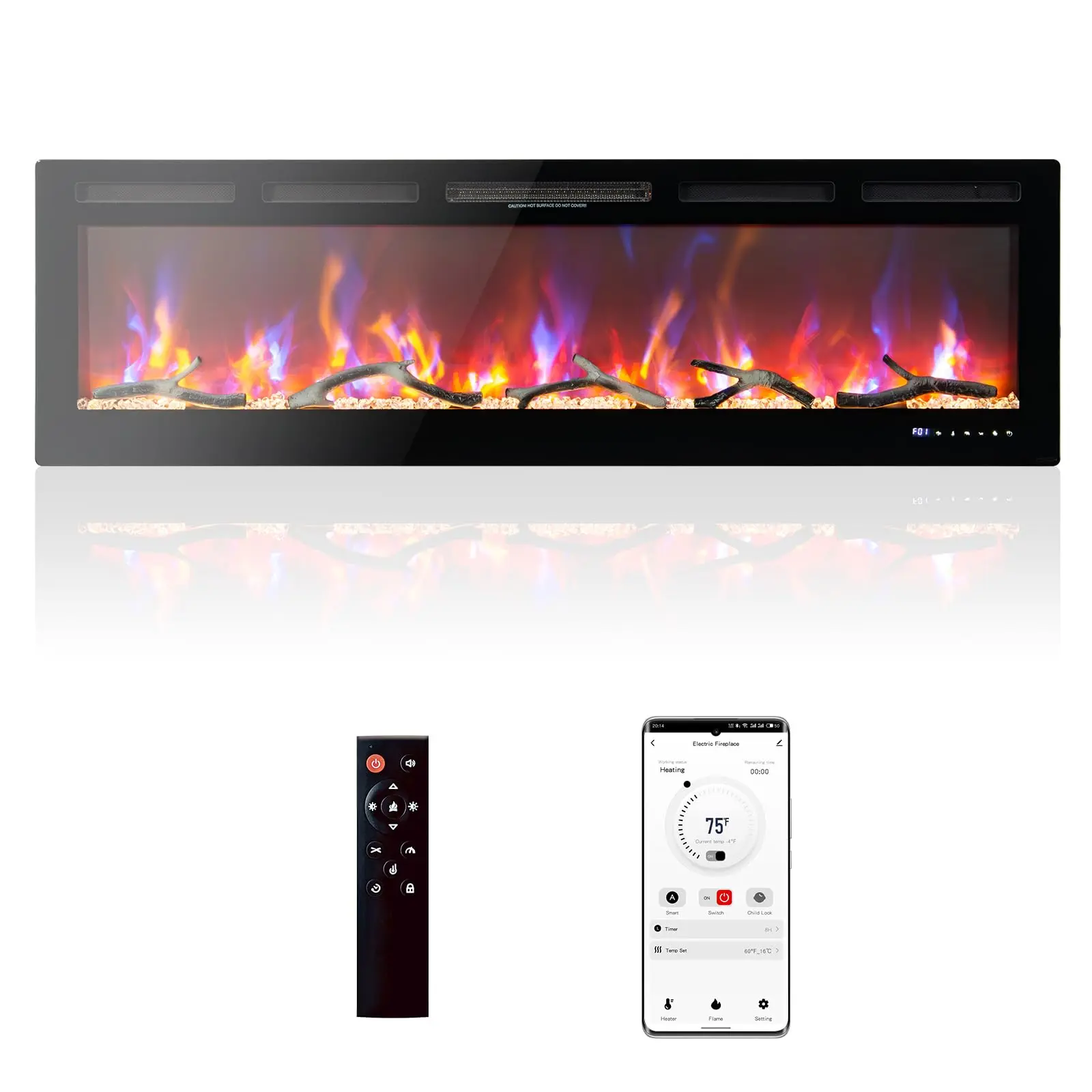 GARVEE 72" Linear Recessed & Wall Mounted Electric Fireplace with Smart Wifi, Alexa, Remote Control, Infrared Thermostatic Heat, Adjustable Heating Temperature, Timer, 13 Flame Looks, 750W/1500W, Black, Timer Set & Forget, Chaise Lounge