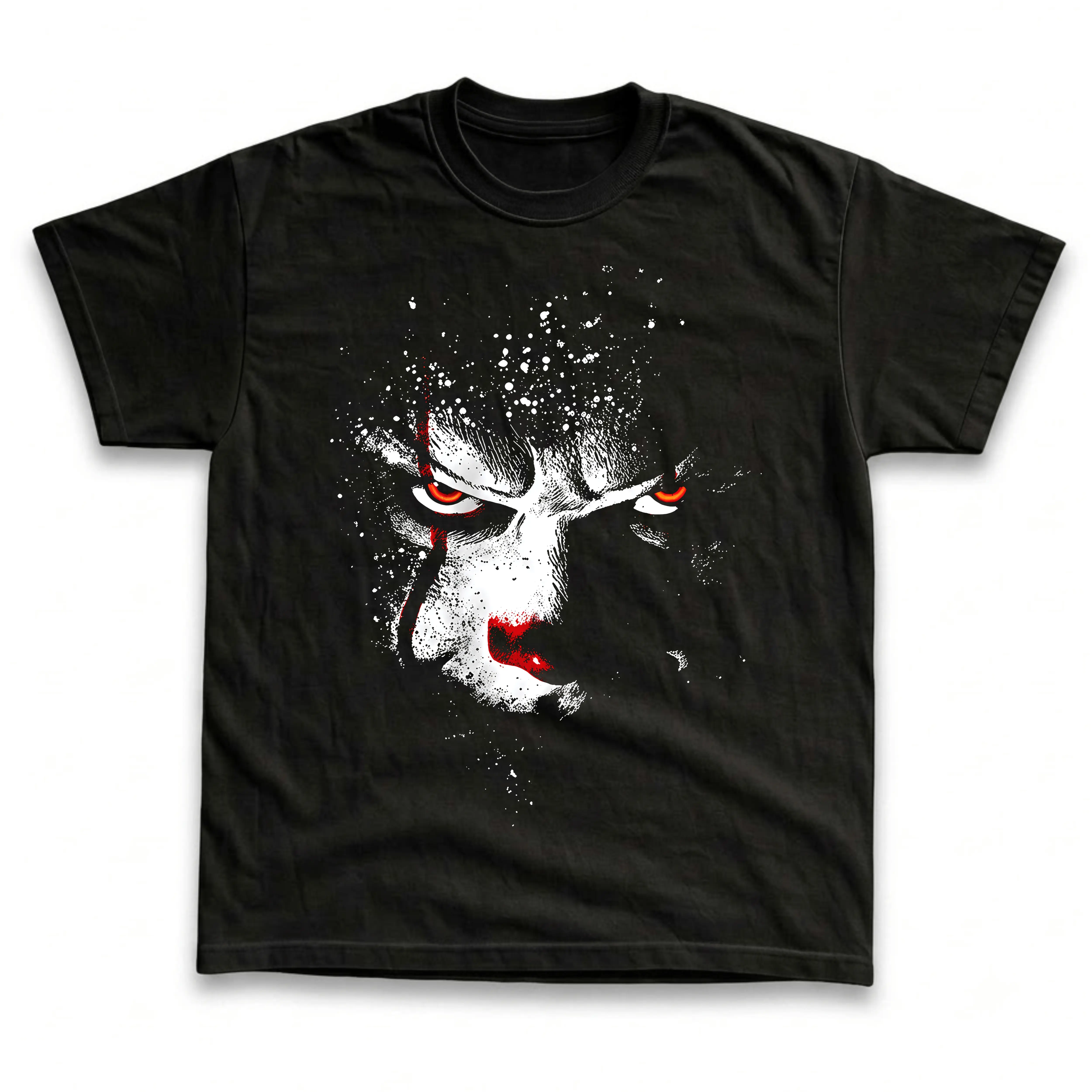 Men's and Women's T-Shirt, Vintage Pennywise Graphic Tee, Stephen King IT Horror Movie Merch, Scary Dancing Clown Face, Glowing Orange Eyes, Red Makeup Lines Splatter, Spooky Halloween Outfit, Retro Grunge Streetwear, Gothic Aesthetic, Fan Gift