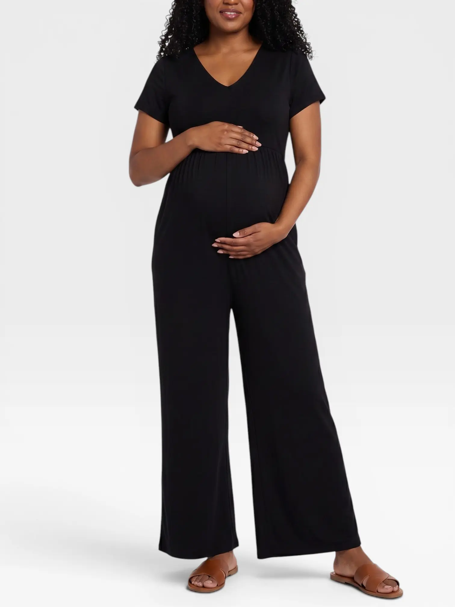 Motherhood Maternity Women's Short Sleeve V-Neck Flare Leg Jumpsuit