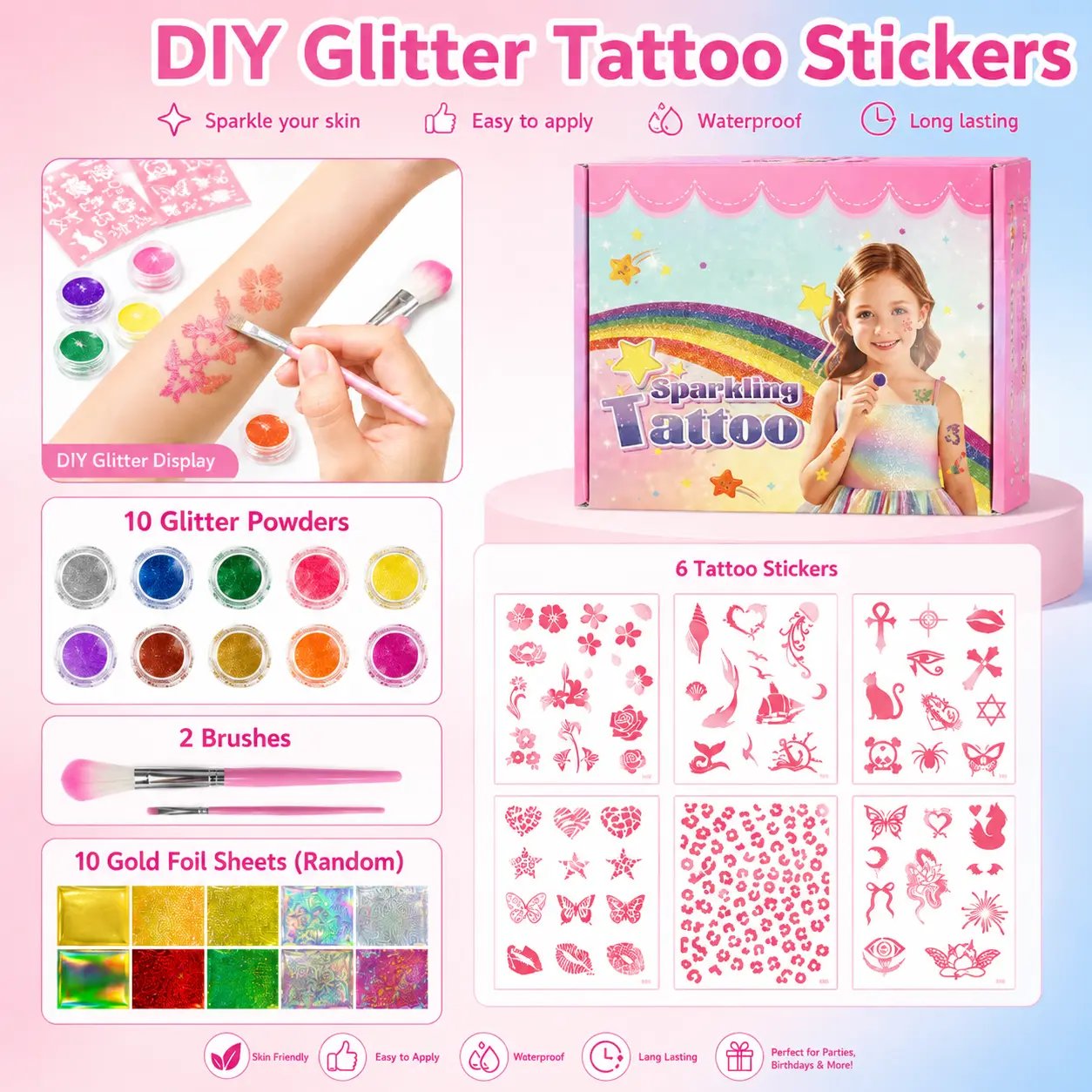 Glitter Tattoo Kit, 60+ Designs Temporary Glitter & Metallic Tattoos, 10 Glitter Colors, 6 Tattoo Sheets & 2 Brushes, Sparkling Body Art Makeup, Beach Vacation Accessories, Festival Makeup, Summer Party Supplies, Summer Party Favors