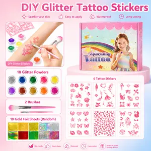 Glitter Tattoo Kit, 60+ Designs Temporary Glitter & Metallic Tattoos, 6 Glitter Tattoos, 10 Glitter Powder & 2 Brushes, Shimmer Body Art Makeup, Birthday Gift, Summer Party Favors & Creative Craft Fun