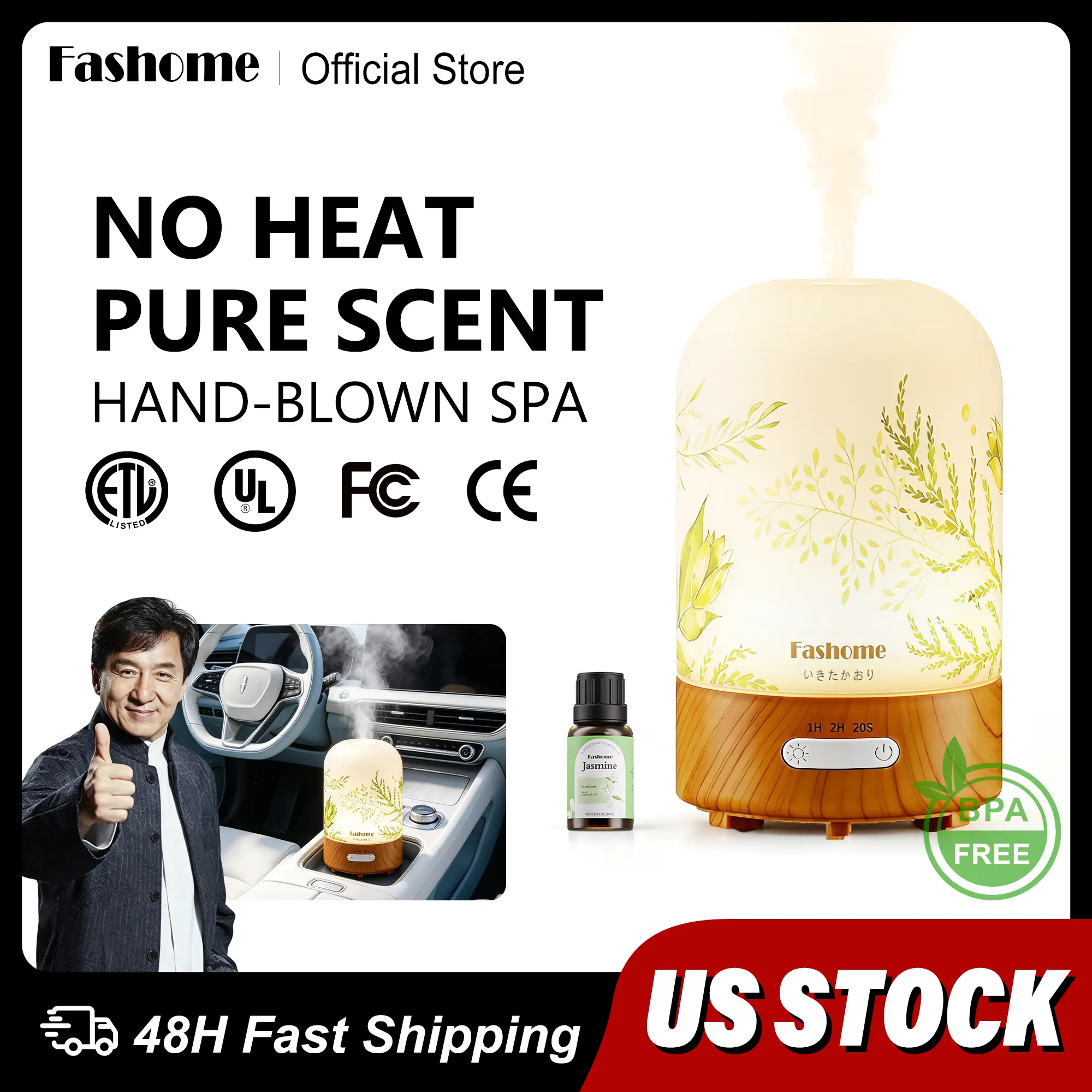 Fashome Hand Blown Glass Essential Oil Diffuser, Ultrasonic Cool Mist Aromatherapy Humidifier Whisper Quiet Auto Shut-Off for Home Bedroom Office, AI Smart Chip 3 Modes Odor Elimination & Fragrance Release PK FEPP Waterless Diffuser VEVO Scent Air Machine
