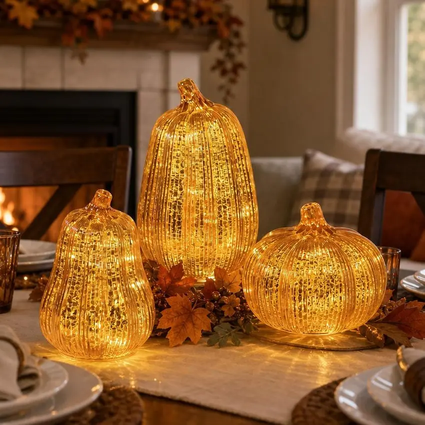 Lighted Mercucy Glass Pumpkin Decor, Set of 3, LED Light Glowing Fall Tabletop Pumpkins for Thanksgiving Halloween Home Decor