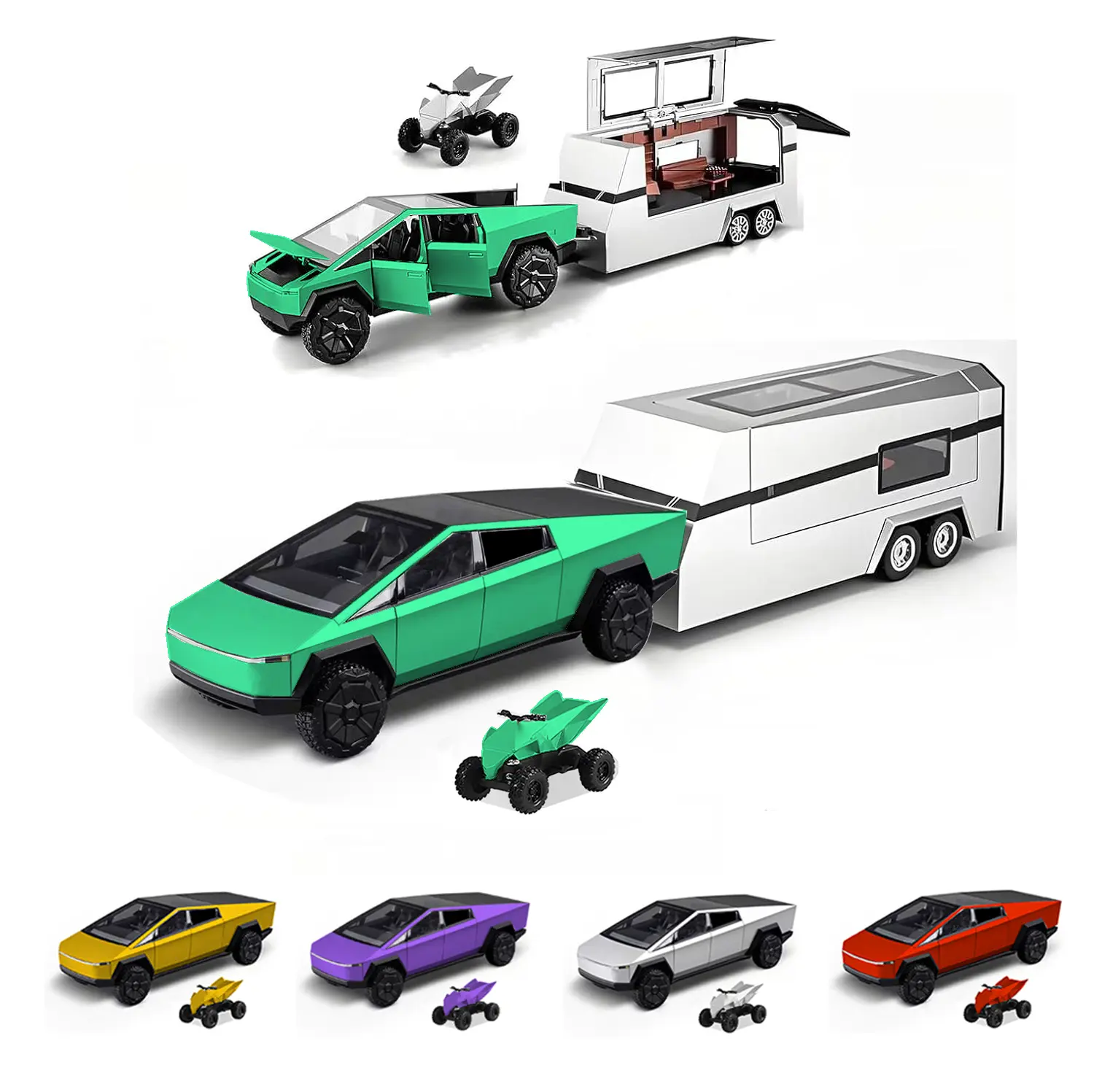 1/32 Alloy Metal 3-in-1 Combo Cybertruck Model Car Toy with Panoramic Sunroof, Built-in Springs, All-Around Interactive Design, Off-Roading RV/Motorcycle/ATV Accessories, Multipack Camping Travel Set, Gift for Kids Ages 6+, Mix & Match Play, Sunroof Rv Wo