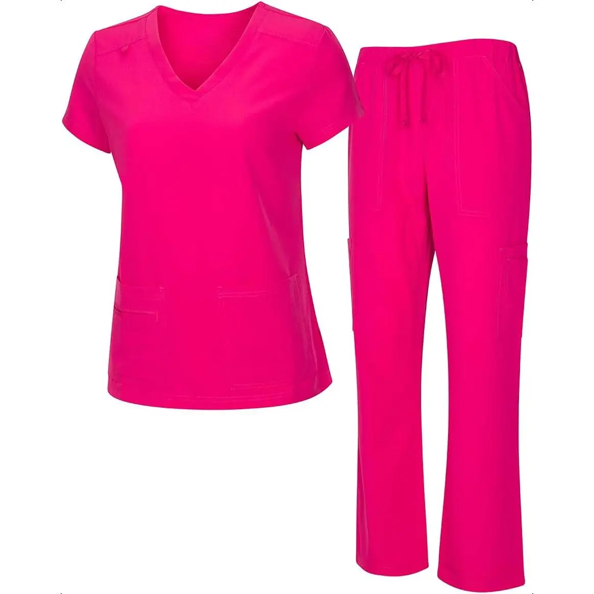 Women's Casual Scrub Set in Regular & Petite Fit, Stretch V-Neck Top & Wide-Leg Cargo Pants with Pockets, Comfortable for Everyday Wear, Stretchy, Workwear, Style, Women's Clothes, Scrubs Sets For Women
